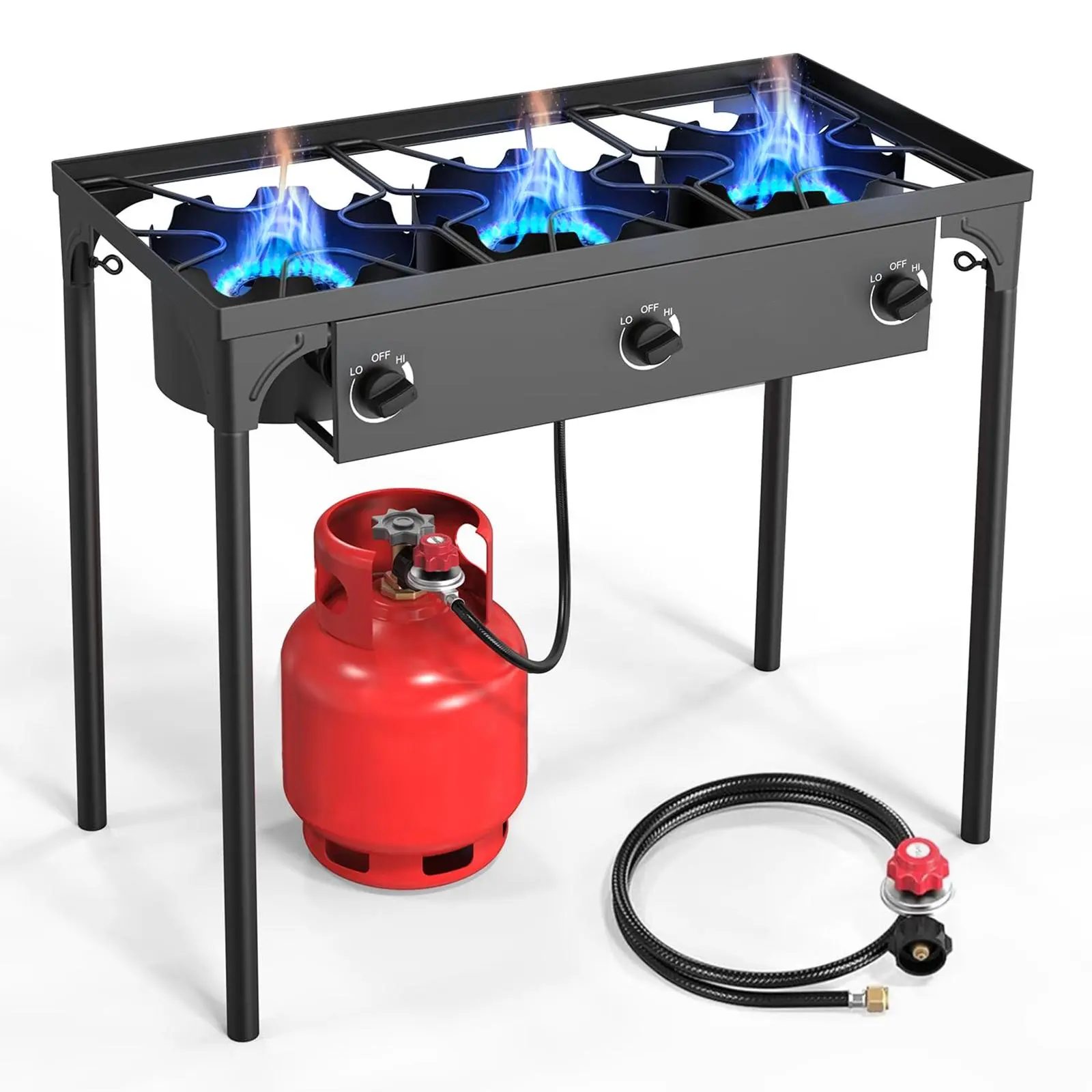 GEEKHOM Propane 3 Burner Camp Stove Outdoor High Pressure Propane 2 Burner Adjustable PSI Regulator and Steel Braided Hose With Removable Legs Camping Kitchenware Camping Gear