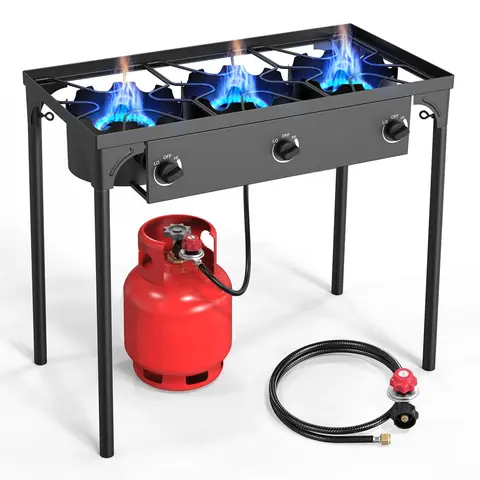 GEEKHOM 3-Burner High-Quality Propane Camp Stove - Freestanding, Portable Outdoor Cooking Supplies with Individual Heat Dial per Burner, Adjustable PSI Regulator, High-Quality Regulator, Steel Braid Hose, Detachable Legs for Camping, Tailgating