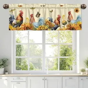 1Pc 60"X18"/ 2Pcs 28" X 40" Sunflower Rooster Kitchen Curtains Blue Window Valance Tier Bedroom Dining Room Cafe Office Living Room, Farmhouse Home Decor, Kitchen Decor