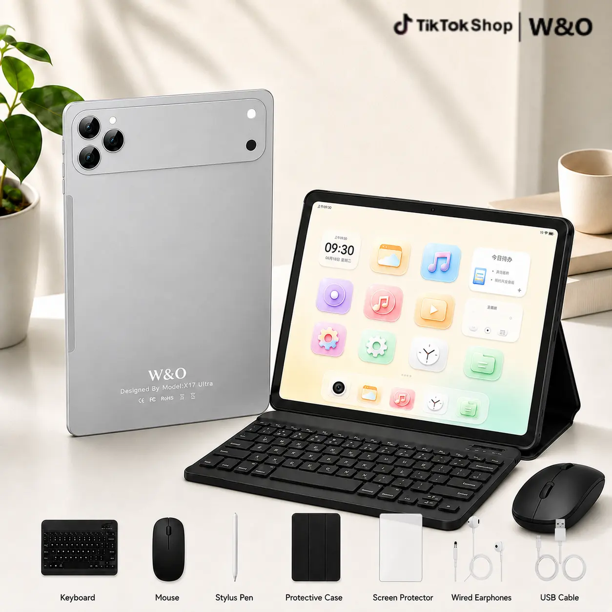 W&O 2026 Android 15, 11-inch Tablet, 12GB RAM + 256GB Expandable Storage, Long Lasting Battery, 10000mAh Battery, 5G WiFi, Portable Device with Keyboard, Mouse, Case, Stylus, Dual Camera, Work, Valentine’s Day Gift bundle smart,