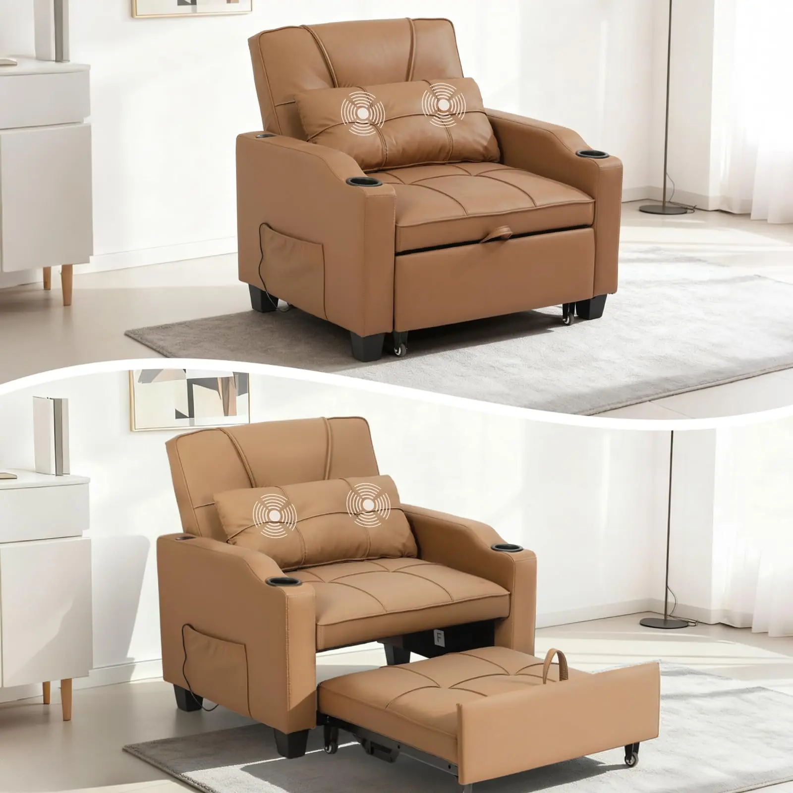 Garvee Convertible 4-in-1 Sofa Chair Pull Out Bed with Vibration Massage Pillow, USB/Type-C Ports, Cup Holders, and Side Pocket for Compact Spaces