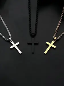 Men's Stainless Steel Gothic Cross Pendant Necklace Set, Fashion Simple Twisted Chain, 3 Pieces 1 Piece, Stylish Minimalist Design