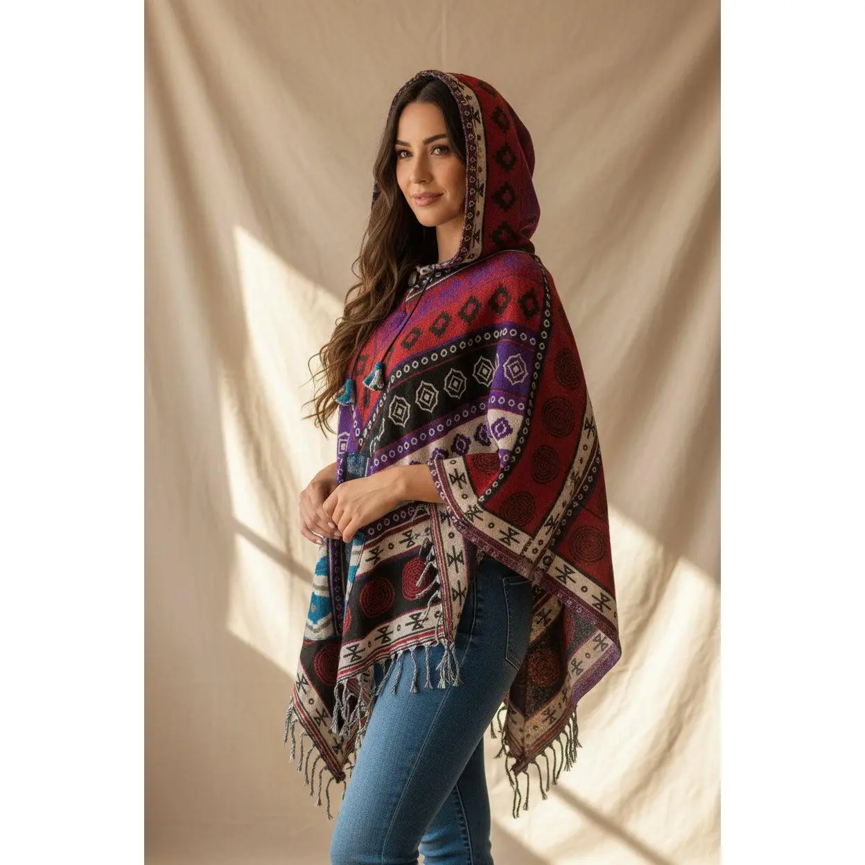 Women's Hooded Poncho - 1-Size Unisex Woolen Blend, Boho Ethnic Woven Pattern, Center Pocket, Poncho Length Festival Top