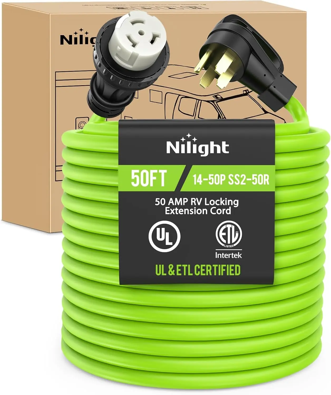 Nilight 50FT 50 Amp RV Locking Extension Cord 250V Heavy Duty 6/3+8/1 Gauge Pure Copper STW Wire UL ETL Listed 4 Prong 14-50P SS2-50R Weatherproof Suit for Camper Caravan Trailer Bright Green, Fluorescent