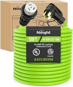 Nilight 50FT 50 Amp RV Locking Extension Cord 250V Heavy Duty 6/3+8/1 Gauge Pure Copper STW Wire UL ETL Listed 4 Prong 14-50P SS2-50R Weatherproof Suit for Camper Caravan Trailer Bright Green, Fluorescent