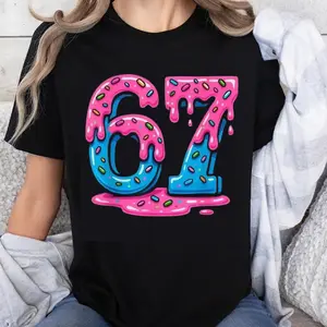 Women's 100% Cotton Comfortable Round Neck Short-Sleeve T-Shirt, Tropical Fun Icing Design with Pink Blue Sprinkles, 67th Birthday Party Gift, Outdoor Casual Beach Fabric Garment