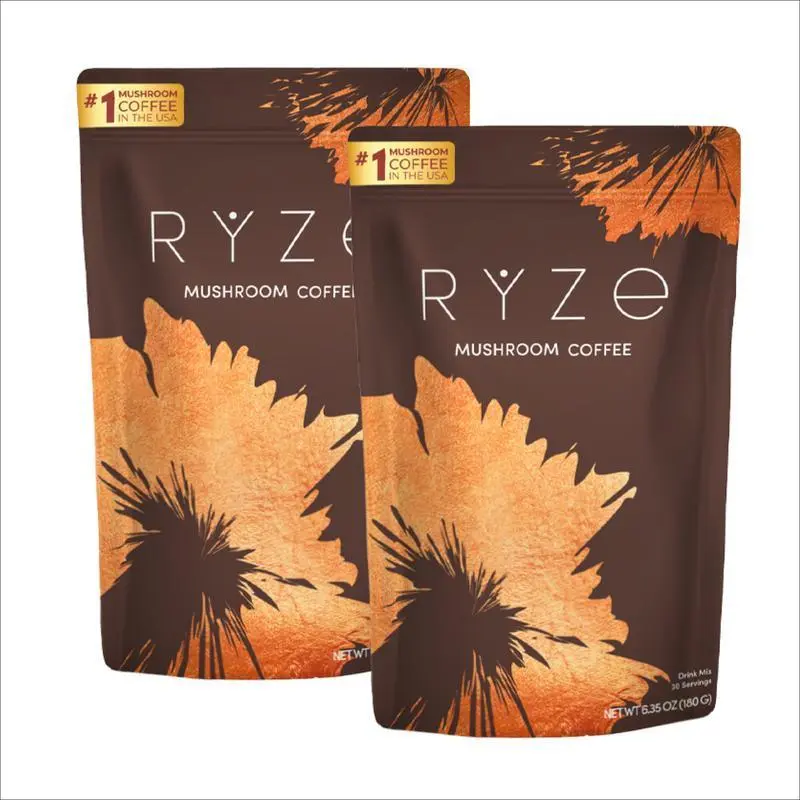 2 Pack RYZE Mushroom Coffee USDA Organic with 6 Adaptogenic Mushrooms and MCT Oil AO USA Grown Instant Coffee for Better Energy, Focus, Digestion, Immunity with Turkey Tail, Shitake, Lion's Mane, 30 Servings Vitamin