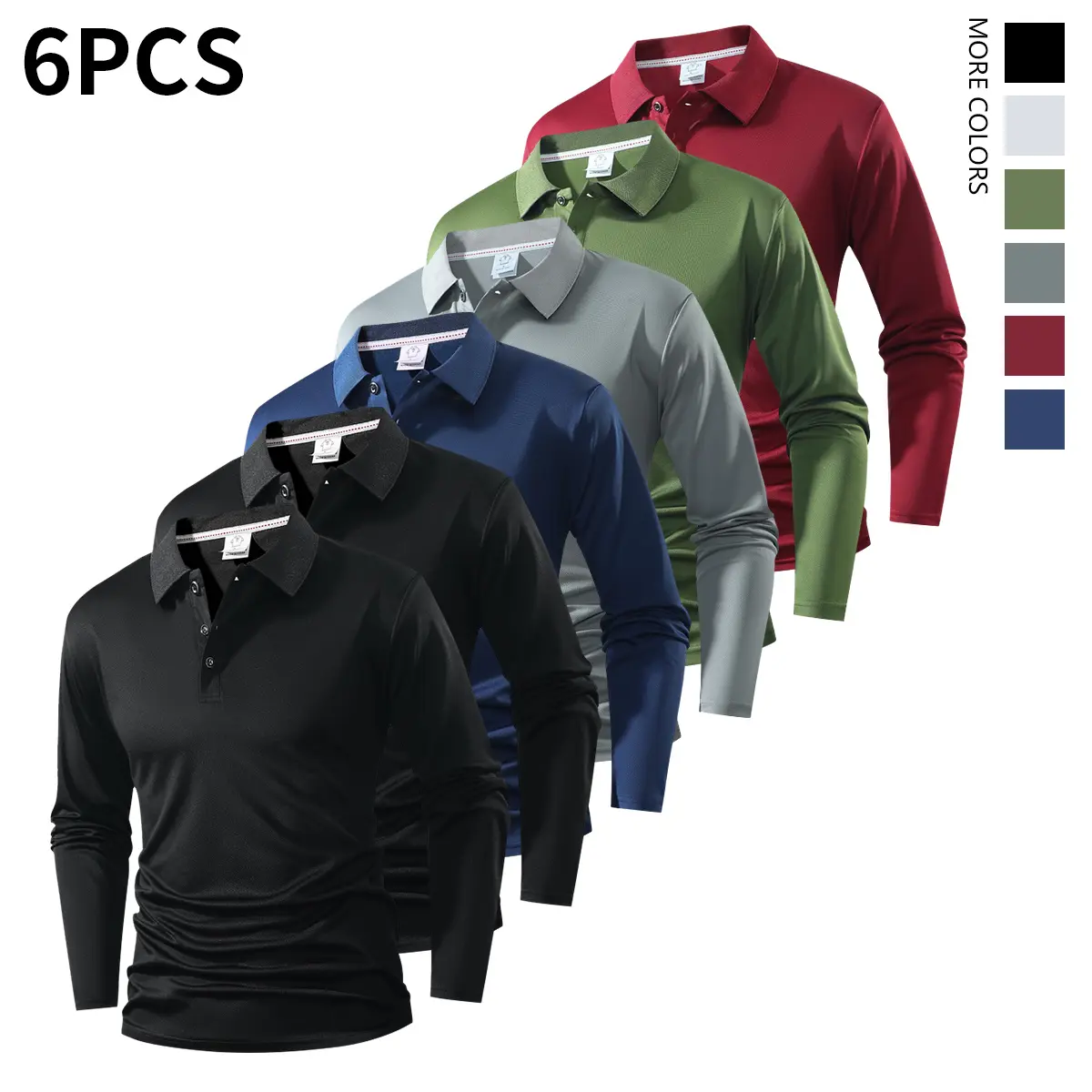 Six-piece men's long-sleeved polo shirts, with plain designs. The combinations are diverse, suitable for various style matching, such as for travel, business, golf, or suburban tours.
