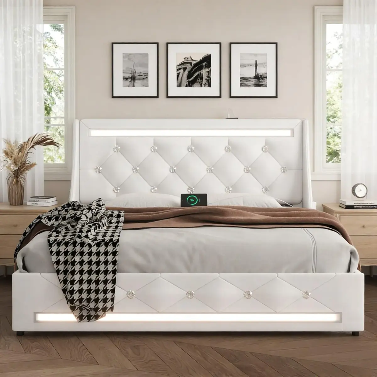 Queen Size Bed Frame with LED Lights, Upholstered Bed Frame with Charging Station, Platform Bed with Diamond Headboard, Wooden Slats, Easy Assembly, Noise Free, No Box Spring Needed, White