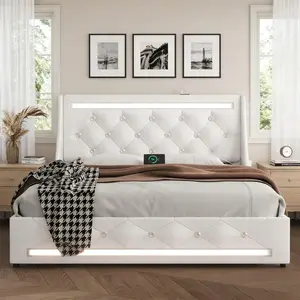 Queen Size Bed Frame with LED Lights, Upholstered Bed Frame with Charging Station, Platform Bed with Diamond Headboard, Wooden Slats, Easy Assembly, Noise Free, No Box Spring Needed, White