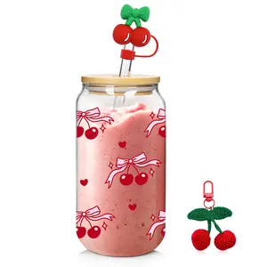 ANOTION 18oz Glass Cup with Lid and Straw , Coquette Bows and Cherries Pink Bow Cup, Coquette Tumbler Cute Bow Glass, Iced Coffee Glass, Pink Gifts Aesthetic Set