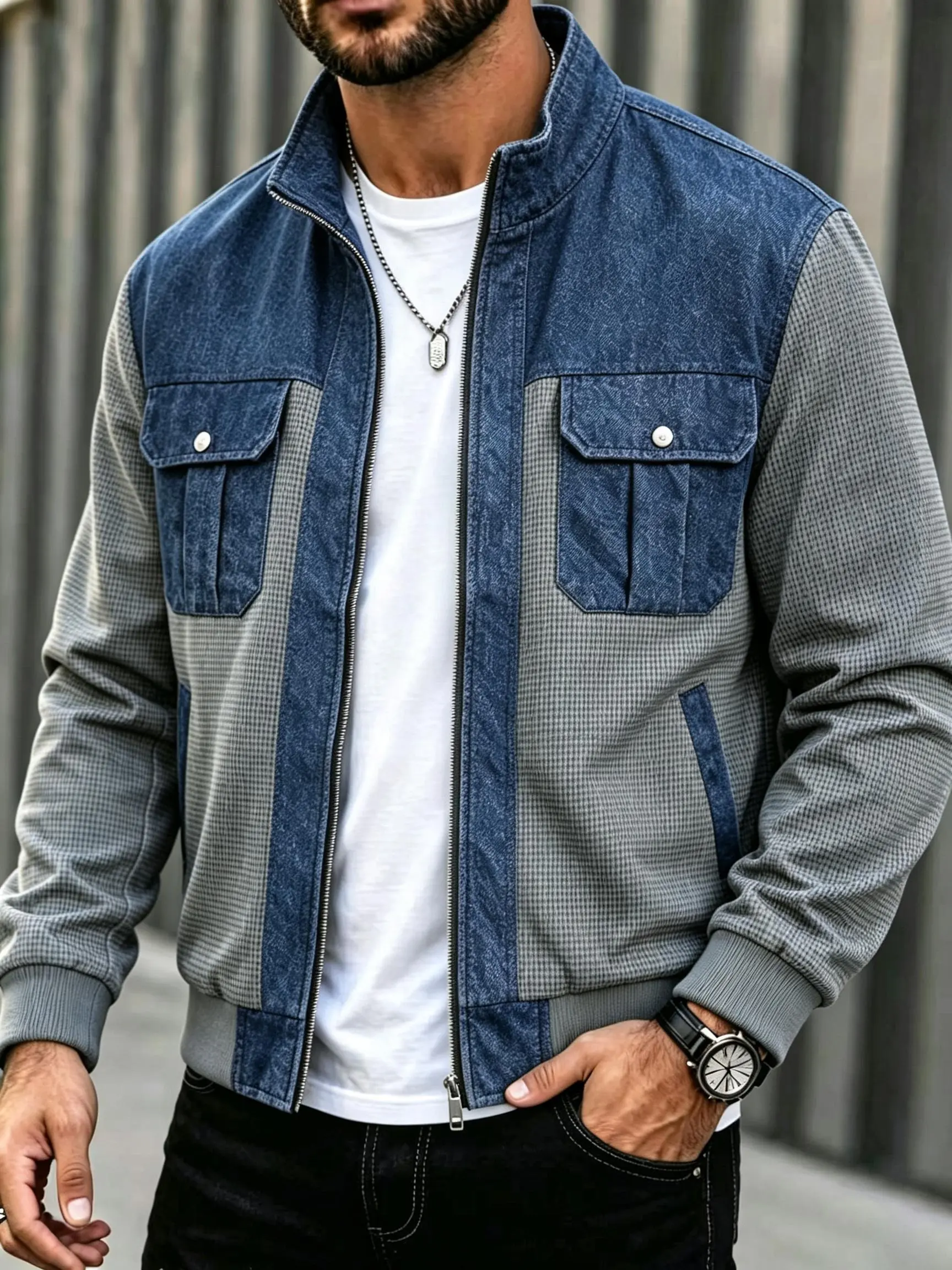 Men’s collared denim waffle-knit patchwork bomber jacket, full-zip color-block casual coat with flap pockets for everyday fall/winter outfits