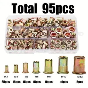 95-Piece Carbon Steel Flat Head Rivets Nuts Set, Hardware, Zinc Plated Threaded Insert Nuts for Furniture, Industrial and Light Industries, Versatile Uses in Automotive and Aviation