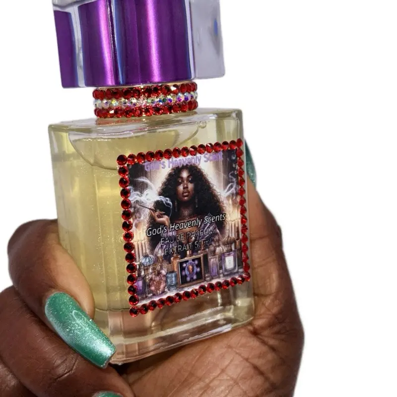 God's Heavenly Scents Caramelized Apple Cloud Perfume with Purple Cap and Red Rhinestone Accents