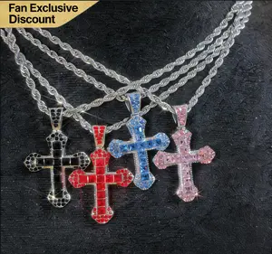 Colorful Hip Hop Titanium Steel Pendant Cross Necklacewith Twist Chain Stainless Steel Cubic Zirconia StonesElegantly Durable Jewelry Accessory for Women Daily Wear, Wear-Resistant, Faux Zircon Design, Versatile Accessory