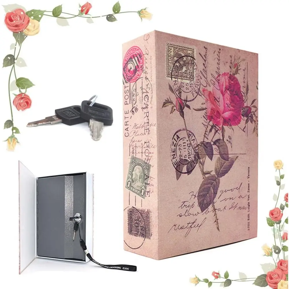 Rose Book-Shaped Metal Storage Box with Key Lock, Security Safe Box, Anti Theft Safes, Hidden Safebox, Hidden book design for discreet storage of jewelry, cash, passports, Sturdy & privacy-protected, decor for home, ideal for personal use or gifting
