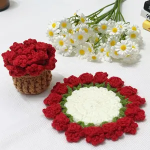 Valentine's Day Gift Handmade Rose Bouquet Coaster Set Knitted Flower Crochet Coaster With Storage Basket Girls Home Tableware Handplacemat Kitchenware