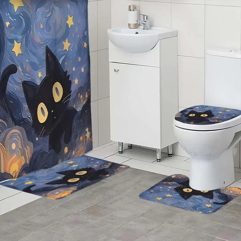 4pc Starry Sky Black Cat Pattern Bathroom Set, The 4-piece set includes a single shower curtain, anti slip floor mat, toilet U-shaped mat, toilet lid mat, with shower curtain hook, and belongs to bathroom decoration products
