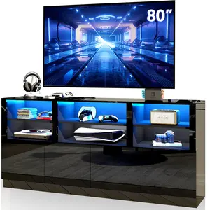 70 Inch LED TV Stand for 70/75/80 Inch TV, High Gloss TV Media Console for Living Room, Modern Entertainment Center with Storage Shelves and Doors, Led TV Cabinet In Black/White