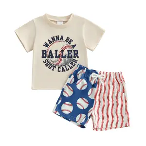 Toddler Baby Boy Baseball Outfit Summer Outfits Letter Print Short Sleeve T Shirt Tops and Baseball Pattern Shorts Set Casual Summer Clothes 2Pcs
