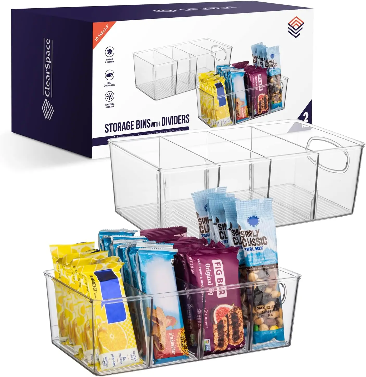 ClearSpace Pantry Organization Bins with Removable Dividers Durable Lightweight Crystal Clear BPA-Free Polyethylene Storage Boxes for Kitchen Refrigerator 2 Pack