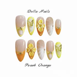 Dolla Nails 100% Handmade 3D Almond Press-On Nails, Reusable Fake Nails with Pastel French Tip, Gradient Orange Yellow 3D Flower & Butterfly Design,  Spring Sakura Nails, Vacation Nails, Salon-Quality Manicure for Daily Wear & Special Occasions