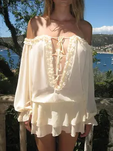 Bohemian Vacation Style Low Neck Off-Shoulder Loose Tie Dress. Lightweight Sheer Lantern Long Sleeve Casual Wear Party Dress. Low Waist Retro Romantic Sexy Solid Color Simple Mini Dress. All-Season Wear.