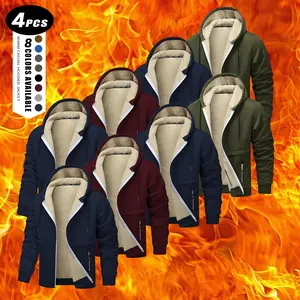 4-piece men’s set: zip-up hooded sweatshirt with Sherpa fleece lining, winter warm thick hoodie jacket with zippered pockets, suitable for casual wear, work, and outdoor activities.