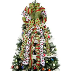 [New deal] - Christmas Tree Topper Wreath Bow Large Green Christmas Bow Tree Topper, Red Green Dot Polyester Gift Bows for Xmas Ornament Holiday Home Thanksgiving Indoor/Outdoor Decoration 45"x13"