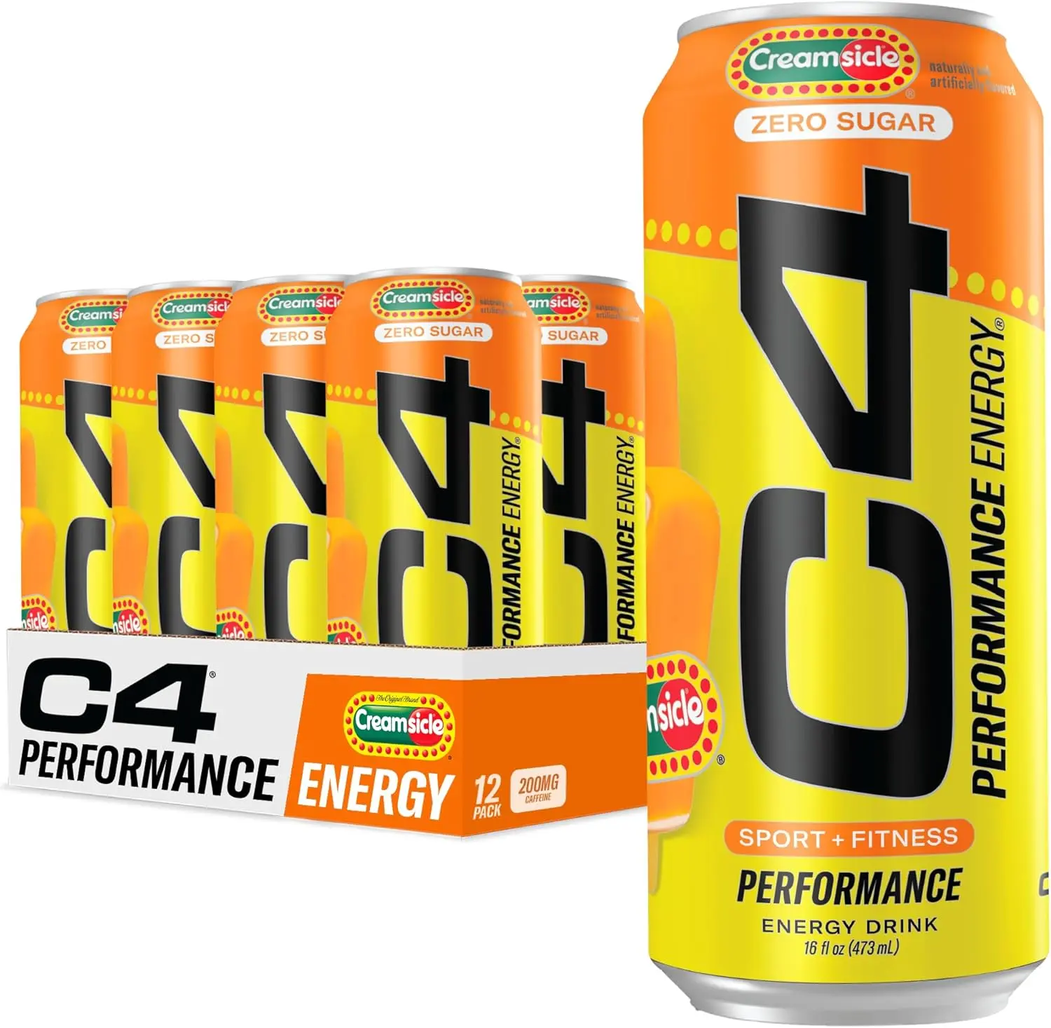 C4 Performance Energy Drink | Zero Sugar Carbonated Preworkout Energy | 200mg Caffeine with Beta Alanine | Orange Creamsicle | 16 Fl Oz (12 Pack)