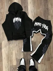 Men's Spider Web Print Hoodie & Drawstring Waist Sweatpants Set, Regular Fit Casual Fashion Long Sleeve Hooded Sweatshirt & Pocket Flare Leg Pants for Daily Wear, Men Outfits for All Seasons