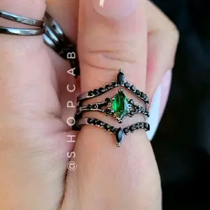 Green Marquise Gunmetal Ring Stack - 3 Piece Set
