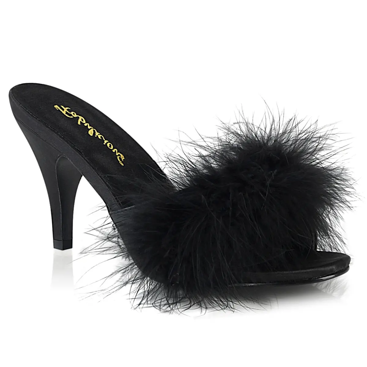 Women's Slip-On Slides with Marabou Feather, Classic Open-Toe 3-inch High Heels for Weddings & Parties