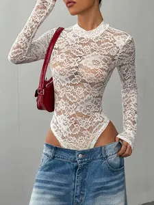 Elegant Lace Bodysuit for Women, Sexy Hollow Out High Neck Tight-Fitting Jumpsuit, Spring & Fall Fashion Apparel Womenswear