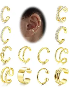 Fashionable 12 Pcs Golden Ear Cuffs for Women Men Non Piercing Copper Jewelry Set Adjustable Fake Earrings Elegant Cartilage Helix Wrap Earring Set Cuffs Earrings