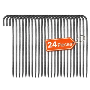 fathersdaygift  VEVOR Rebar Stakes, 16-Inch, Heavy-Duty 0.4 in Diameter J Hook, Galvanized Steel Ground Anchors with Chisel Point End Rust-Resistant Coating, for Gardening Support, Fence, Camping Tents (24-Pack)