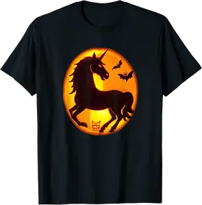 Unicorn & Flying Bats Jack O Lantern Pumpkin on Halloween T-Shirt - Alyssagor Shop 53B0DDJ882RS