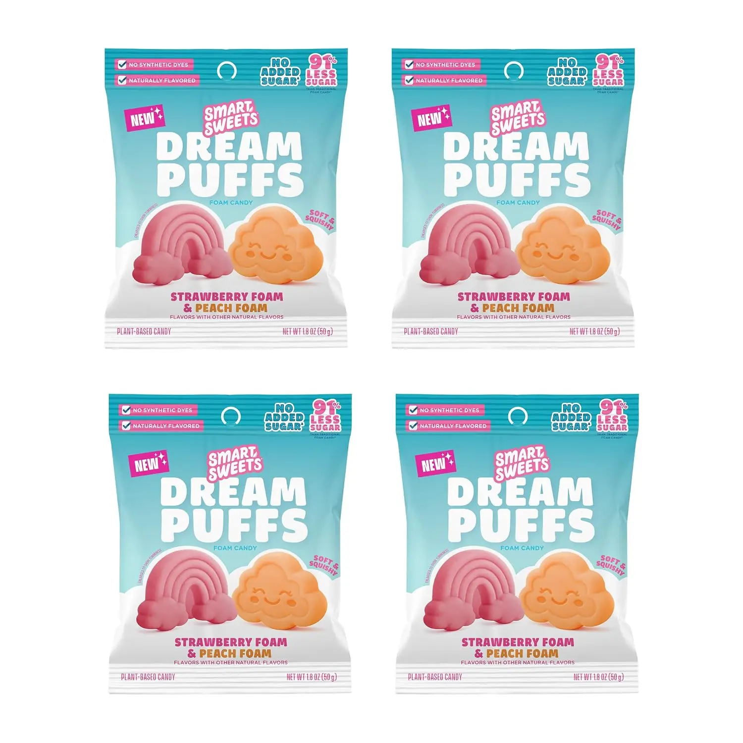 SmartSweets Dream Puffs, Gluten Free Foam Candy, Plant Based Healthy Snacks For Adults & Kids, Low Calorie, Low Sugar, No Artificial Sweeteners, Strawberry & Peach Flavors, 50g Bags, 4 Pack