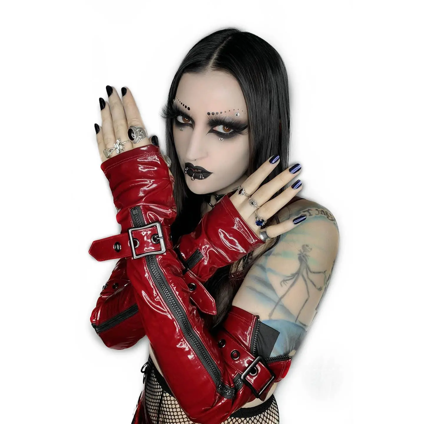 Elbow Length Fingerless PVC Gloves in VAMPIRE RED
