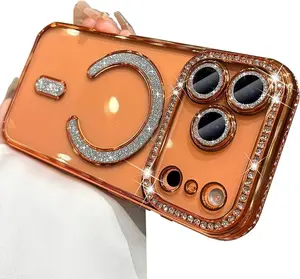 for iPhone 17 Pro Max Case Magnetic, [Compatible with MagSafe] Women Cute Clear Glitter Bling Diamond Rhinestone Sparkly Case Camera Lens Protectors Plating Cover for iPhone 13 14 15 16 Pro Max Air