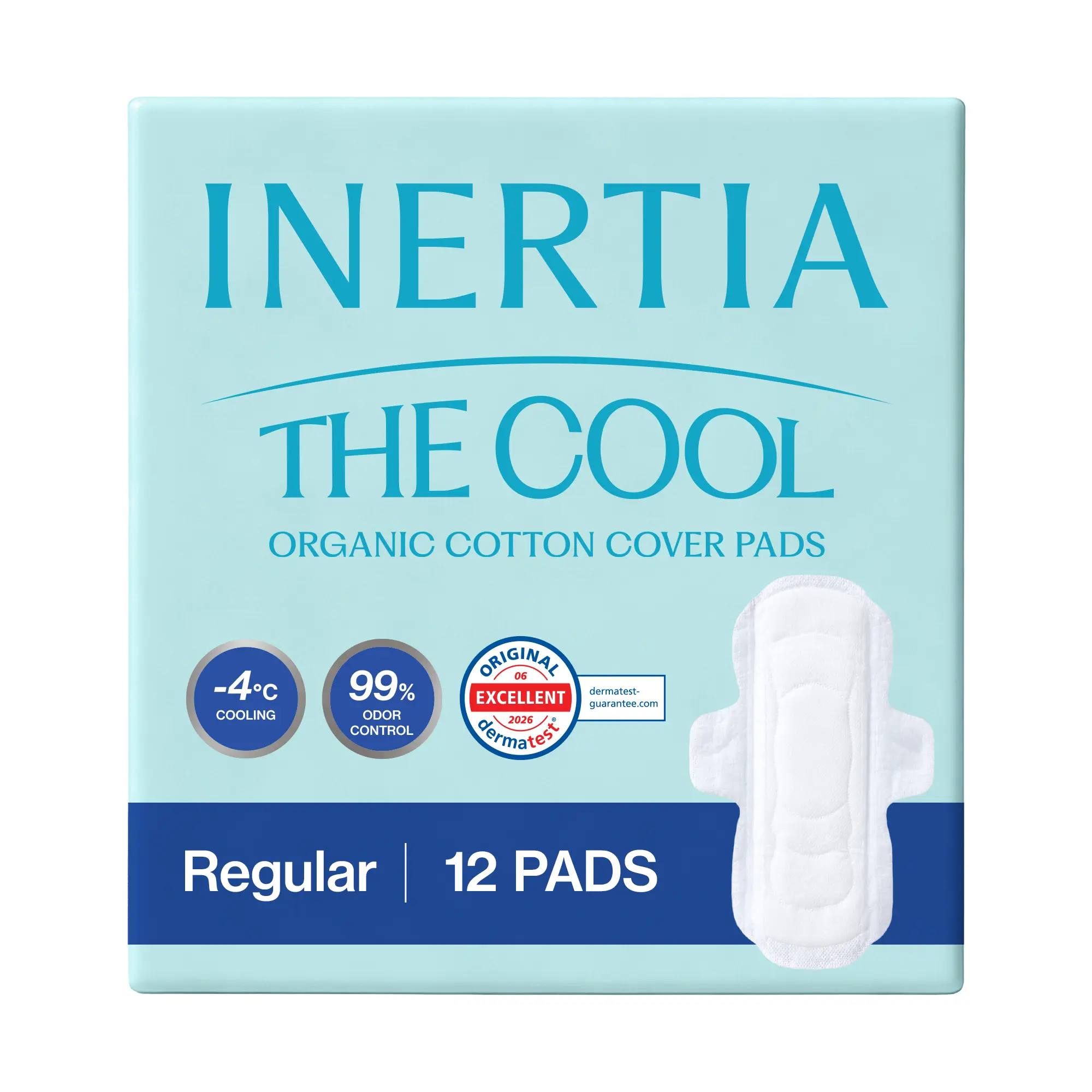 [THE COOL] INERTIA Instant-Cooling Organic Cotton Period Pads with Wings, Regular/Super, 12 Count