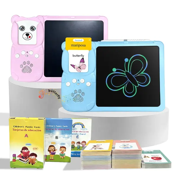 KIDGENIUS 3-in-1 Rechargeable LCD Writing Practice Tablet for Toddlers - Charging Capability, Quick Eraser Button, 510 Animal-Themed Voicecards for English-Spanish Learning, High-Strength Durable Portable Glare-Free Screen