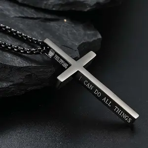 Silver black three-dimensional letter cross necklace unisex titanium steel jewelry