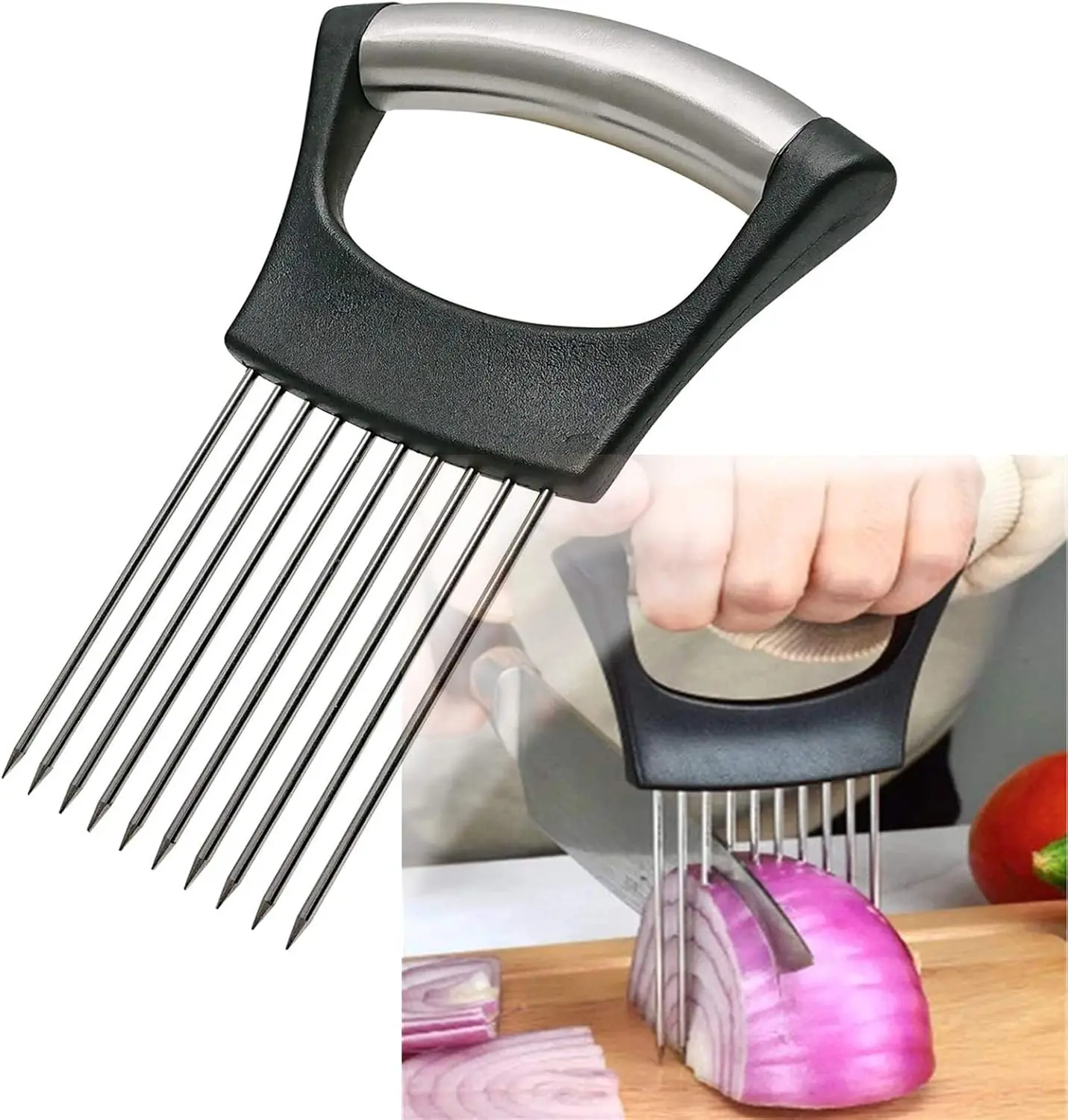 Stainless Steel Onion Slicer Holder – Easy Veggie Cutting Tool for Onions, Tomatoes, Avocados & Eggs, Anti-Slip Kitchen Cutter for Perfect Even Slices, Cutting Onions, Evenly Cut Slices