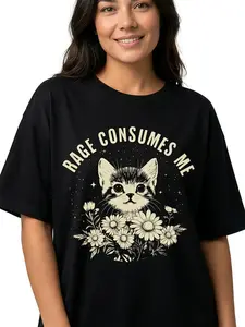 Sarcastic Cat Shirt Women Rage Consumes Me Graphic Tee Casual Cotton Menswear Crewneck Print T-Shirt Top Womenswear Streetwear Tshirt Stylish Classic Short Sleeves