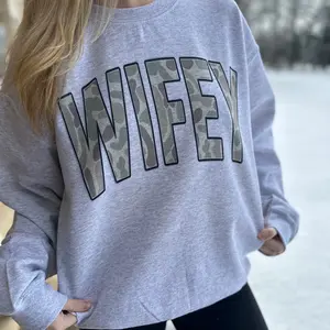 Wifey Old School Camo Oversized Print Crewneck Sweatshirt