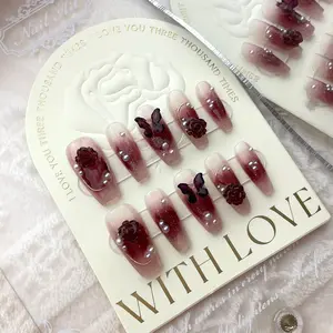 Bloody Rose Press-On Nails | 3D Blood Rose & Pearl Inlay | Handmade Reusable Gel Tips for Gothic Weddings, Vampire Balls & Midnight Seduction | 18H Flex-Fit Core