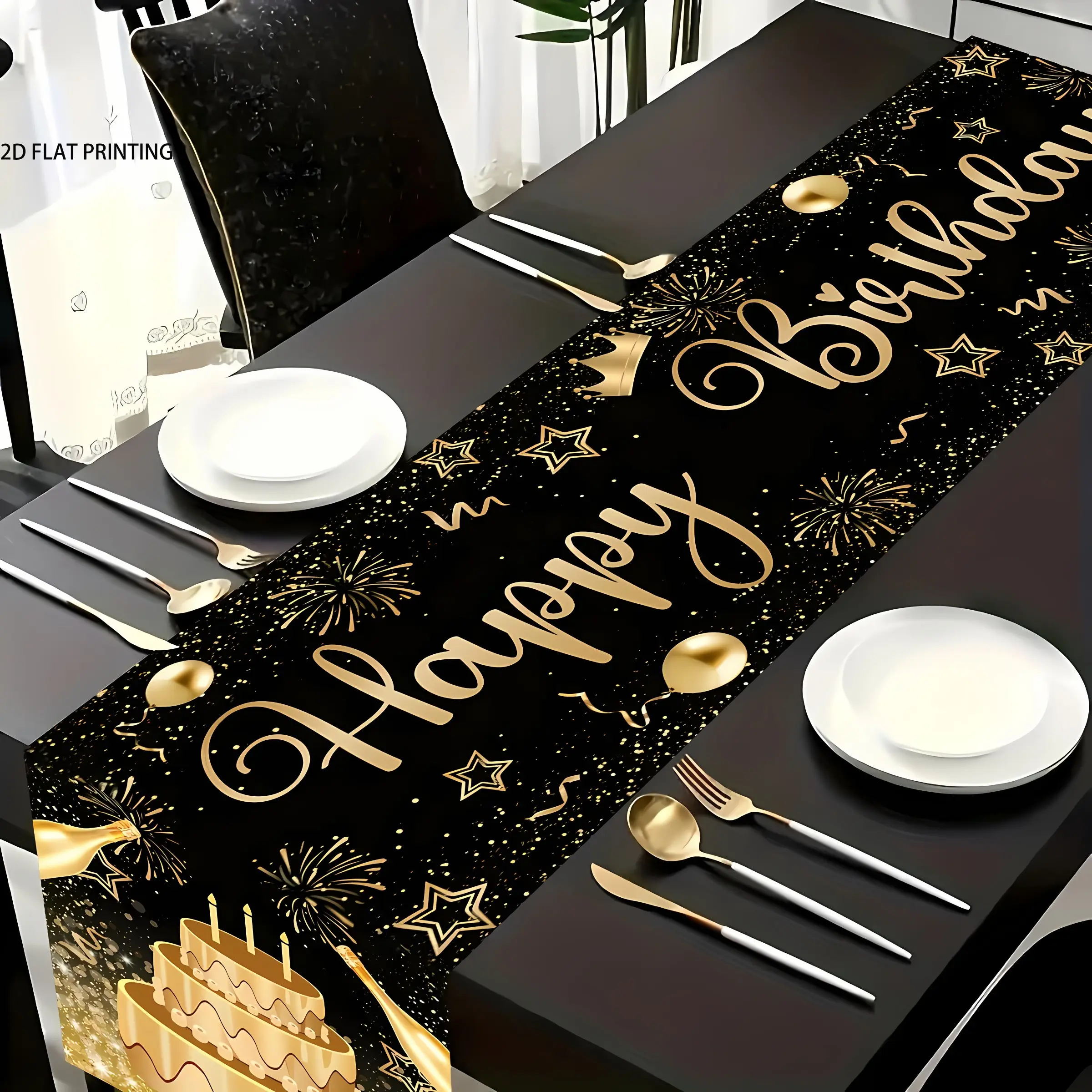 2D flat print, 1 Happy Birthday table flag, black and gold pattern design, decorative tablecloth for birthday party decoration, birthday gift, very suitable for decorating birthday parties, party shooting props decoration, Table Runner