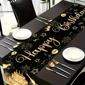 2D flat print, 1 Happy Birthday table flag, black and gold pattern design, decorative tablecloth for birthday party decoration, birthday gift, very suitable for decorating birthday parties, party shooting props decoration, Table Runner