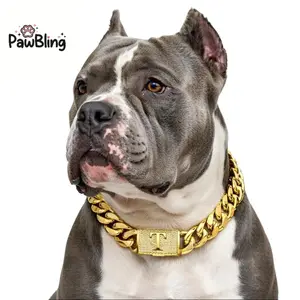 PawBling 18K Gold Plated Cuban Chain Dog Collar with Custom Initial A-Z Pendant Heavy Duty Stainless Steel Luxury Pet Accessory for All Dog Sizes 8.5-30inch